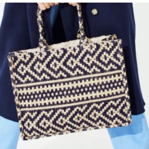 H&M Jacquard-Weave Handbag Large-Sized Brown & Blue Canvas Open Tote Bag Jute - Picture 1 of 10